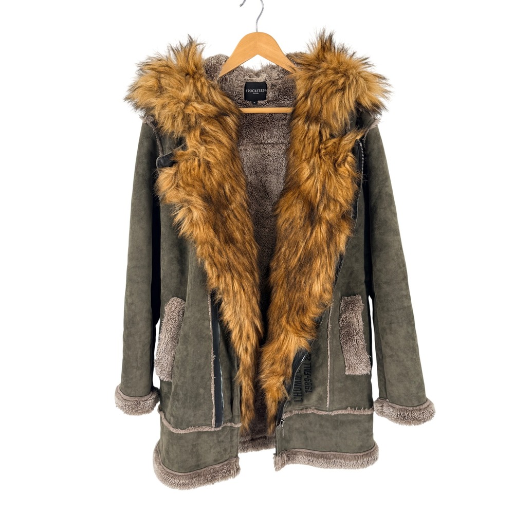 Rockstar Original Faux Shearling Coat Green Small Faux Fur Hood Moto Jacket